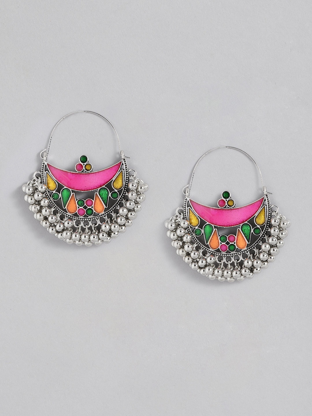 

Sangria Pink & Silver-Toned Crescent Shaped Enamelled Chandbalis Earrings