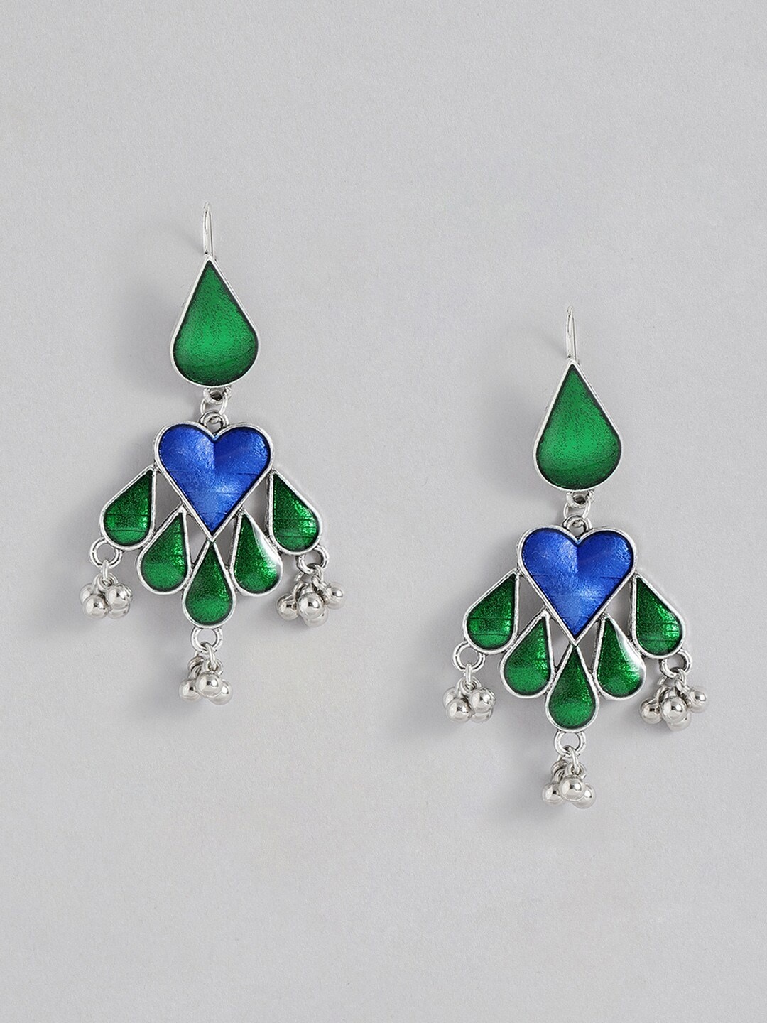 

Sangria Silver-Toned & Green Heart Shaped Enamelled Drop Earrings