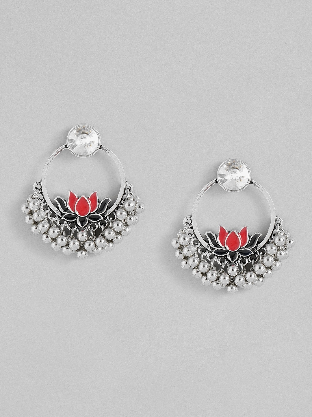 

Sangria Silver-Toned & Red Enamelled Floral Drop Earrings