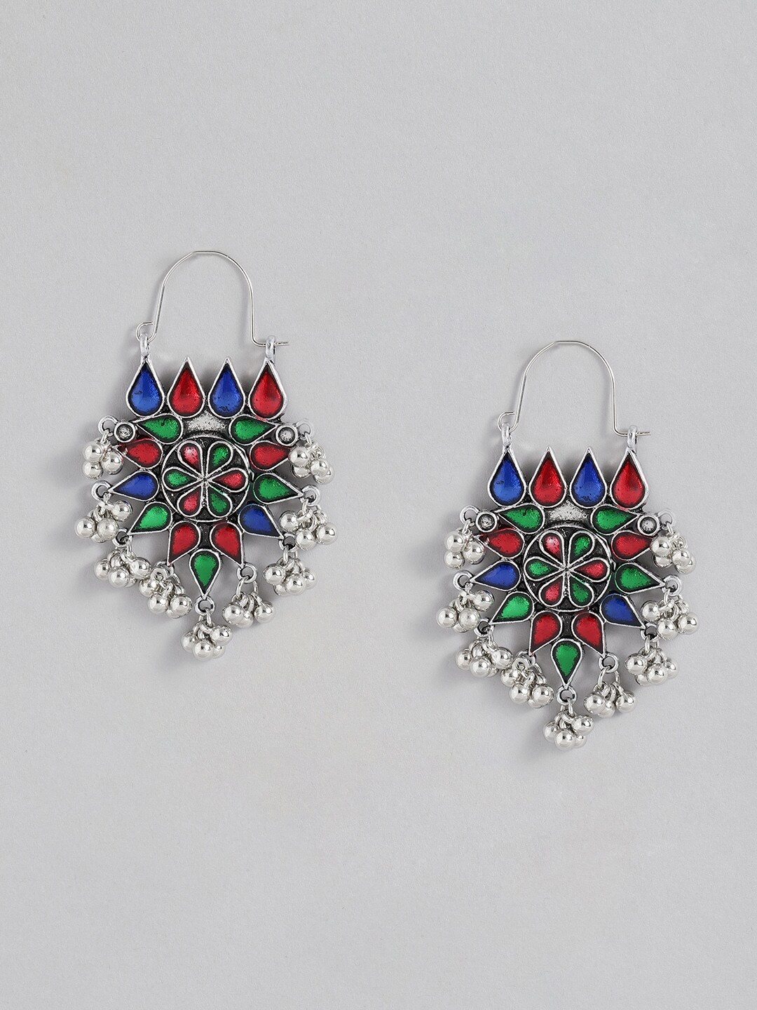 

Sangria Silver-Toned Green & Red Teardrop Shaped Enamelled Drop Earrings