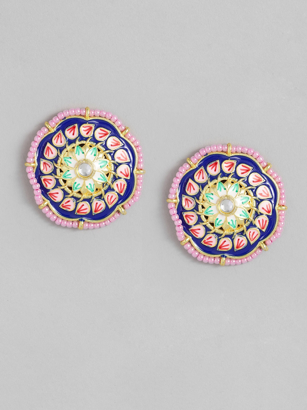 

Sangria Navy Blue & Pink Enamelled Beaded Oversized Studs