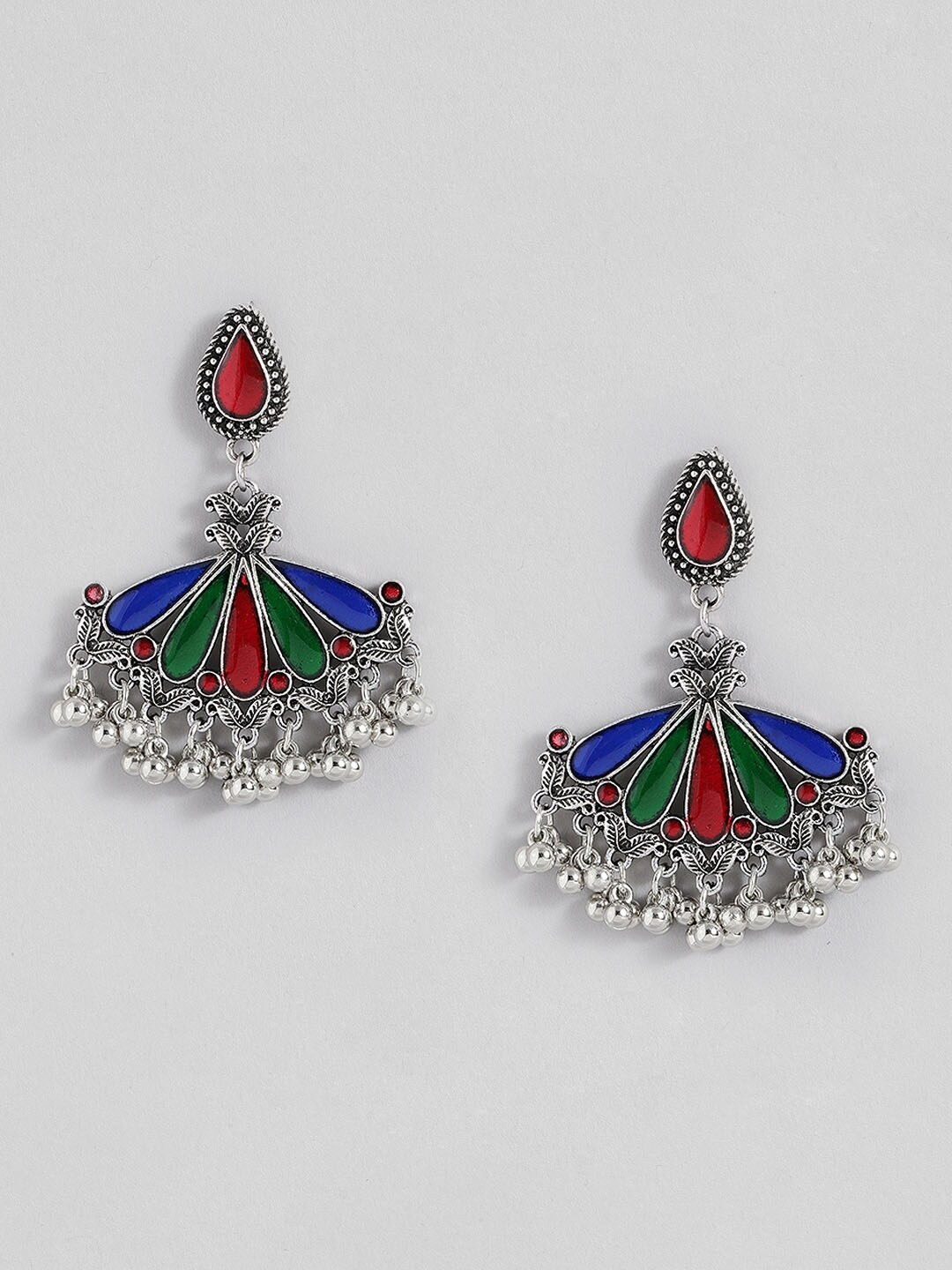 

Sangria Silver-Toned Red & Green Enamelled Teardrop Shaped Drop Earrings