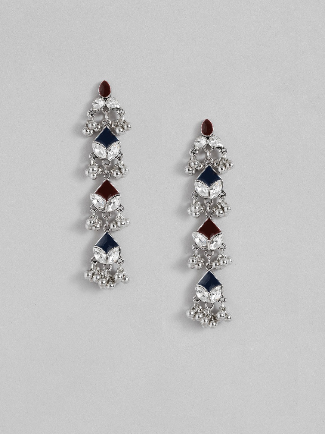 

Sangria Enamelled Stone Studded Geometric Design Drop Earrings, Silver