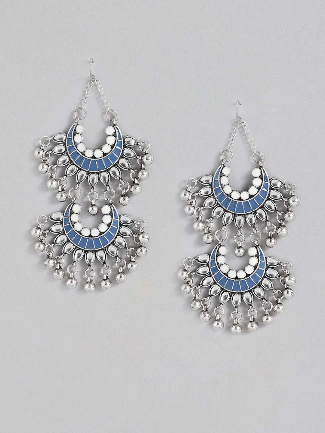 

Sangria Blue & Silver-Toned Crescent Shaped Enamelled Chandbalis Earrings