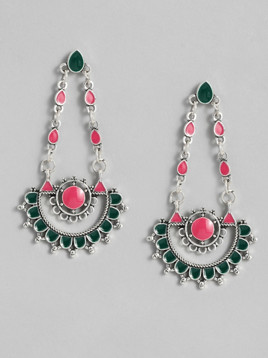 

Sangria Silver-Toned & Pink Geometric Enamelled Drop Earrings