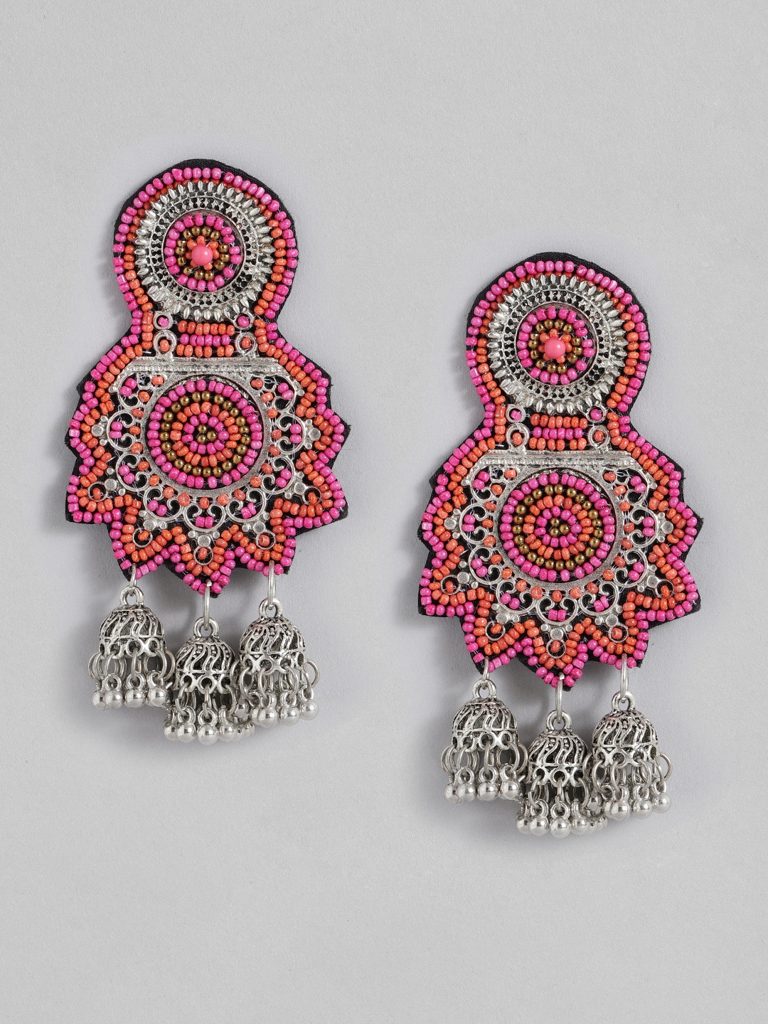 

Sangria Silver-Toned Pink & Orange Beaded Jhumki Style Drop Earrings
