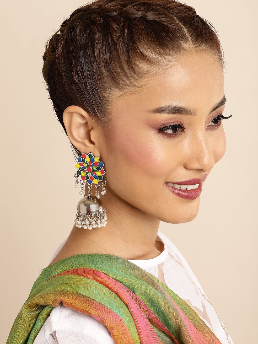 

Sangria Oxidised Silver-Toned & Green Dome Shaped Jhumkas