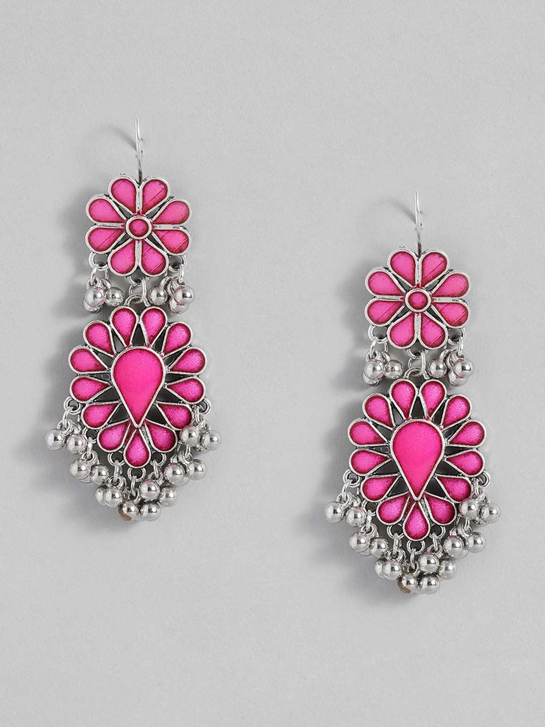 

Sangria Silver-Toned & Pink Floral Enamelled Drop Earrings
