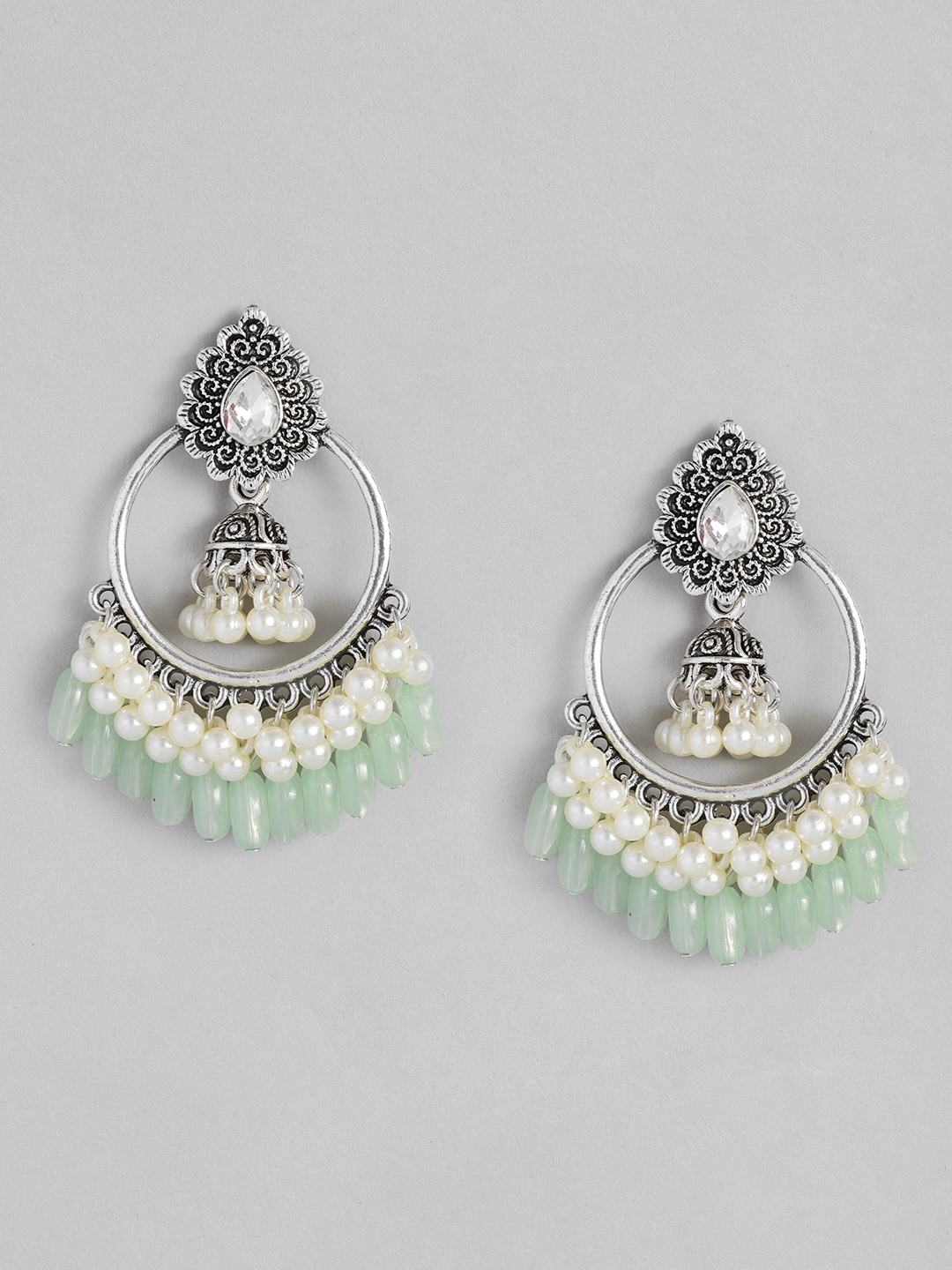 

Sangria Silver-Toned Green & White Crescent Shaped Chandbalis