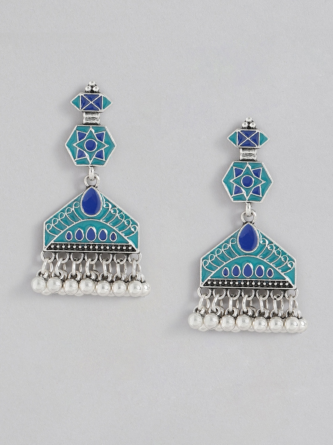 

Sangria Blue & Silver-Toned Geometric Enamelled Drop Earrings