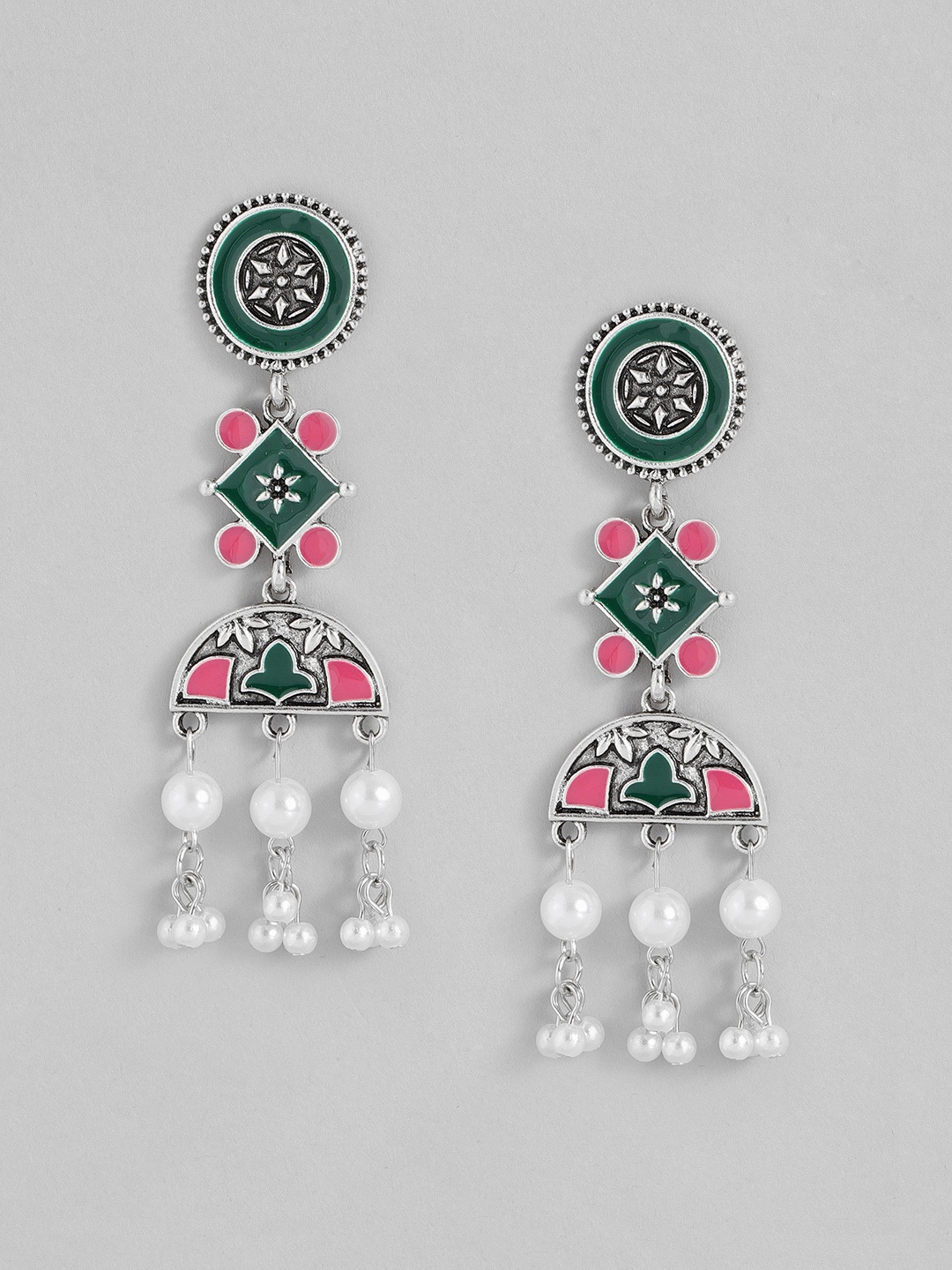 

Sangria Silver-Toned Green & Pink Geometric Enamelled Drop Earrings