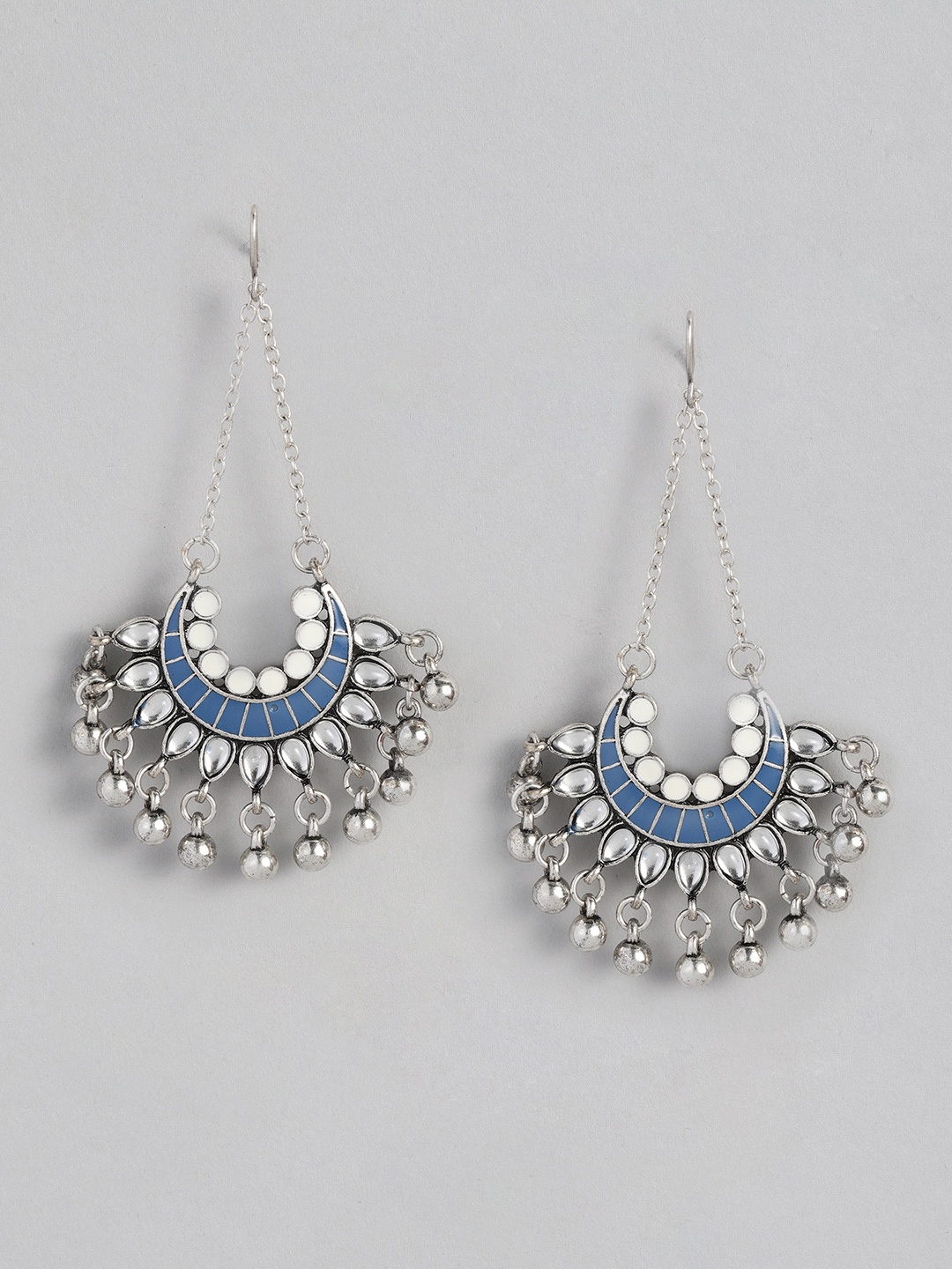 

Sangria Silver-Toned & Navy Blue Enamelled Crescent Shaped Chandbalis