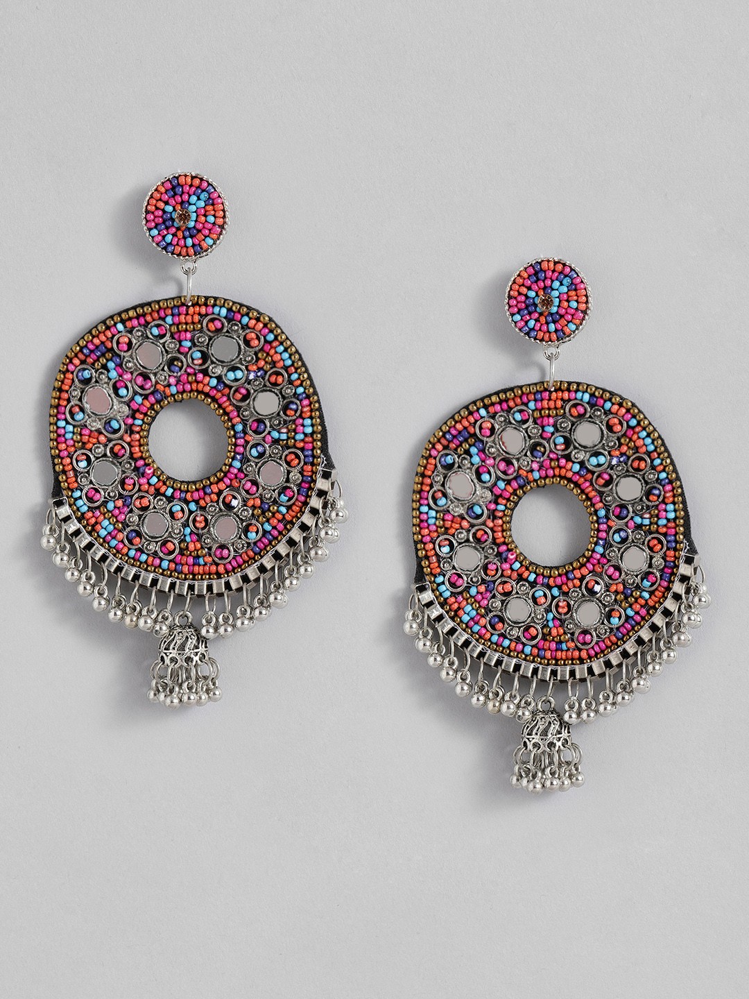 

Sangria Multi-Coloured Beaded Ethnic Style Mirror Work Drop Earrings