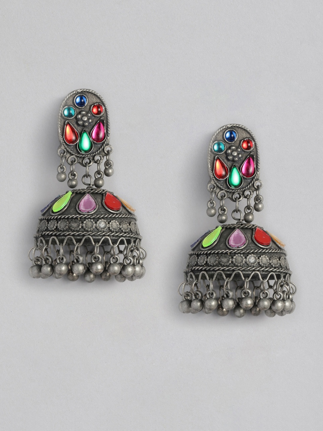 

Sangria Dome Shaped Oxidised Jhumkas Earrings, Silver