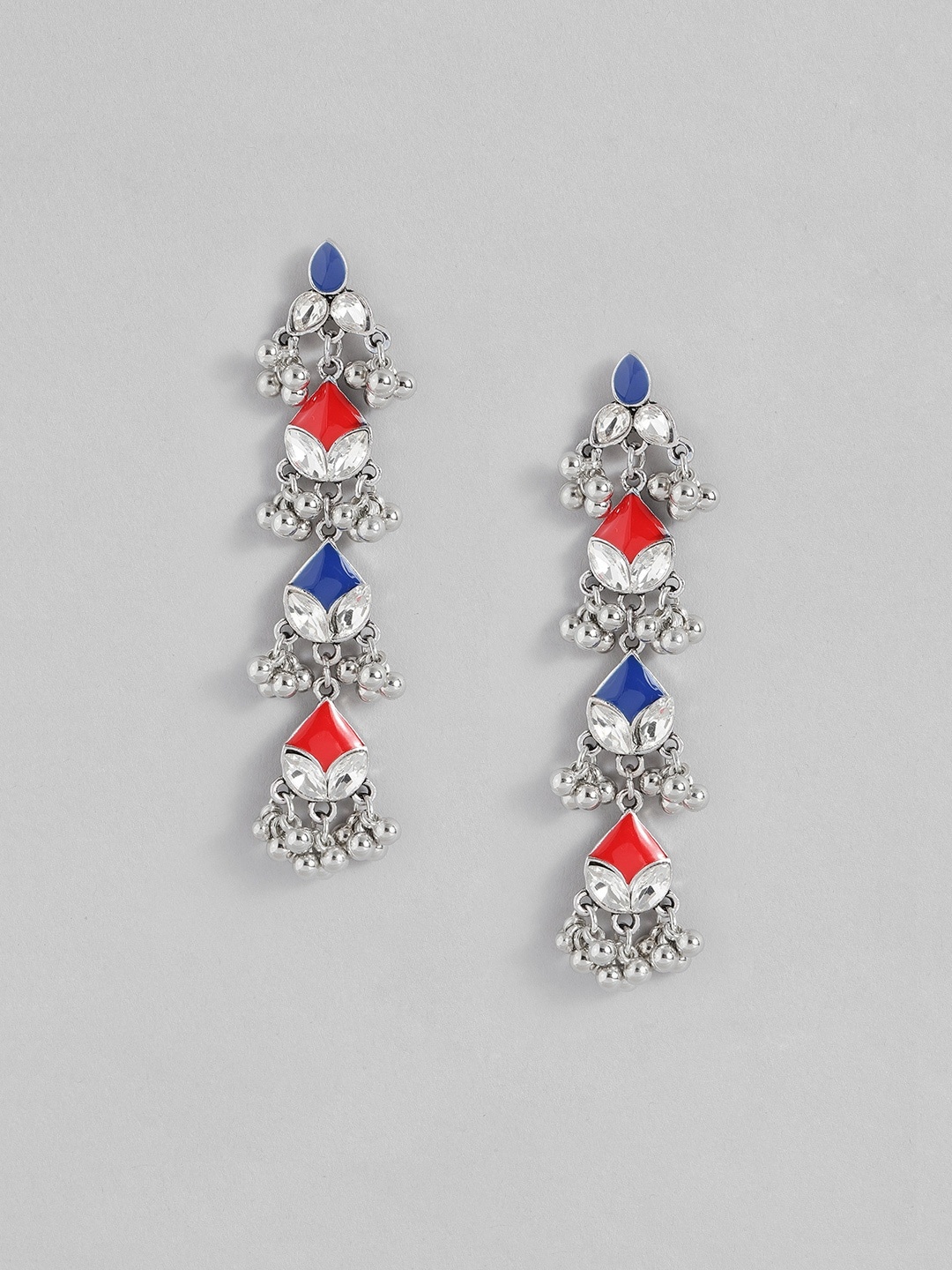 

Sangria Silver-Toned Red & Blue Geometric Enamelled Drop Earrings