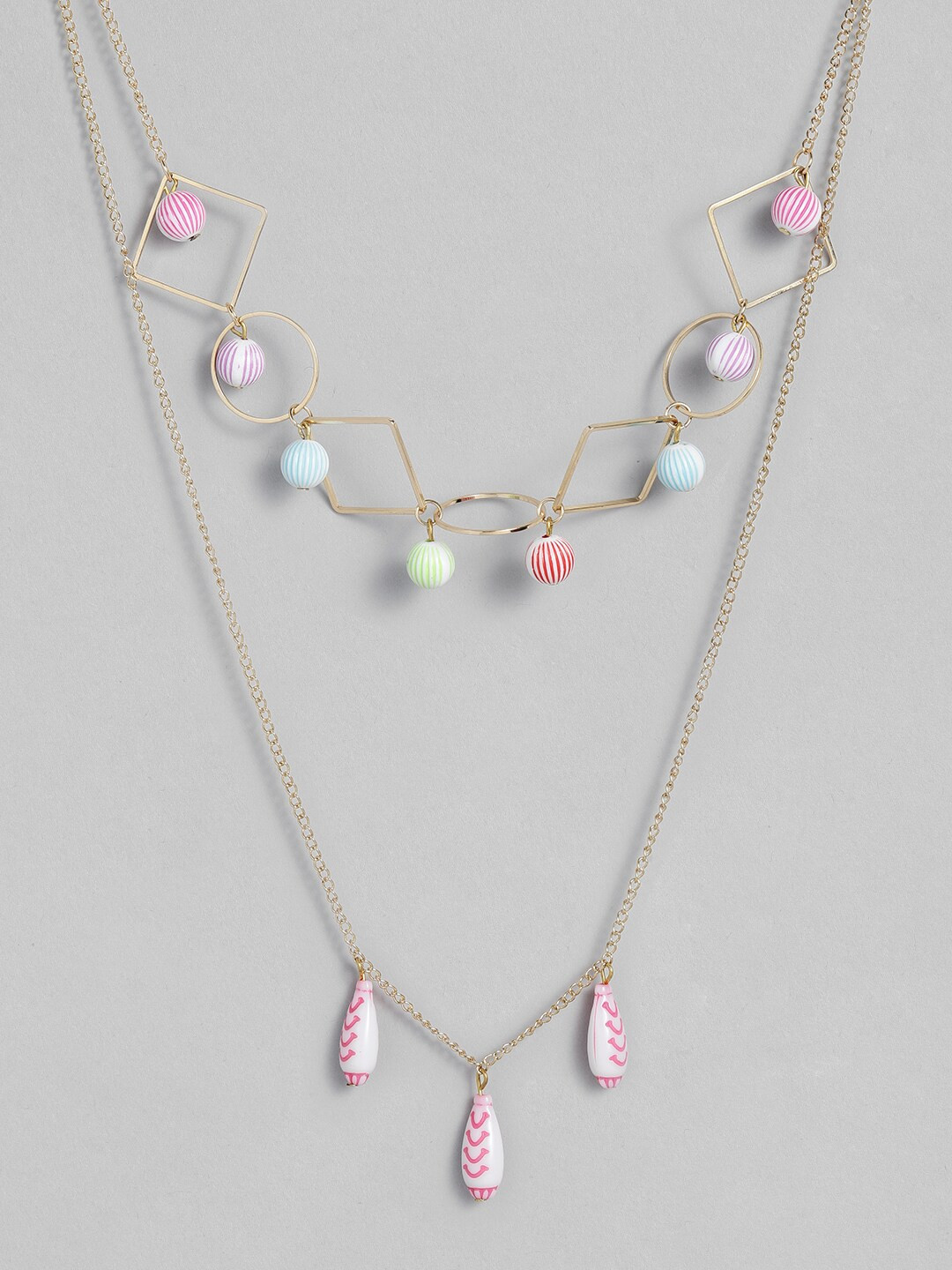 

Sangria Gold-Toned Geometric Design Beaded Double Layered Necklace