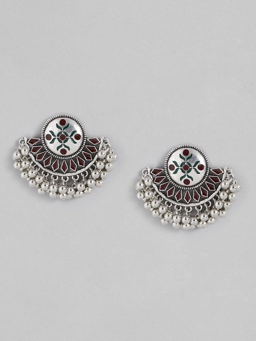 

Sangria Silver-Toned & Maroon Crescent Shaped Enamelled Chandbalis