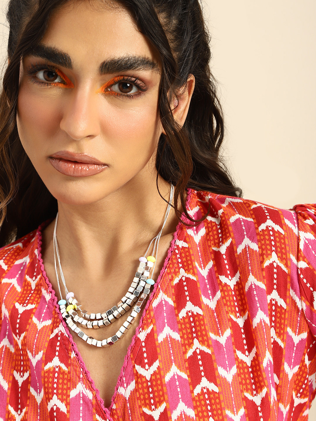 

Sangria Silver-Toned Beaded Triple Layered Necklace