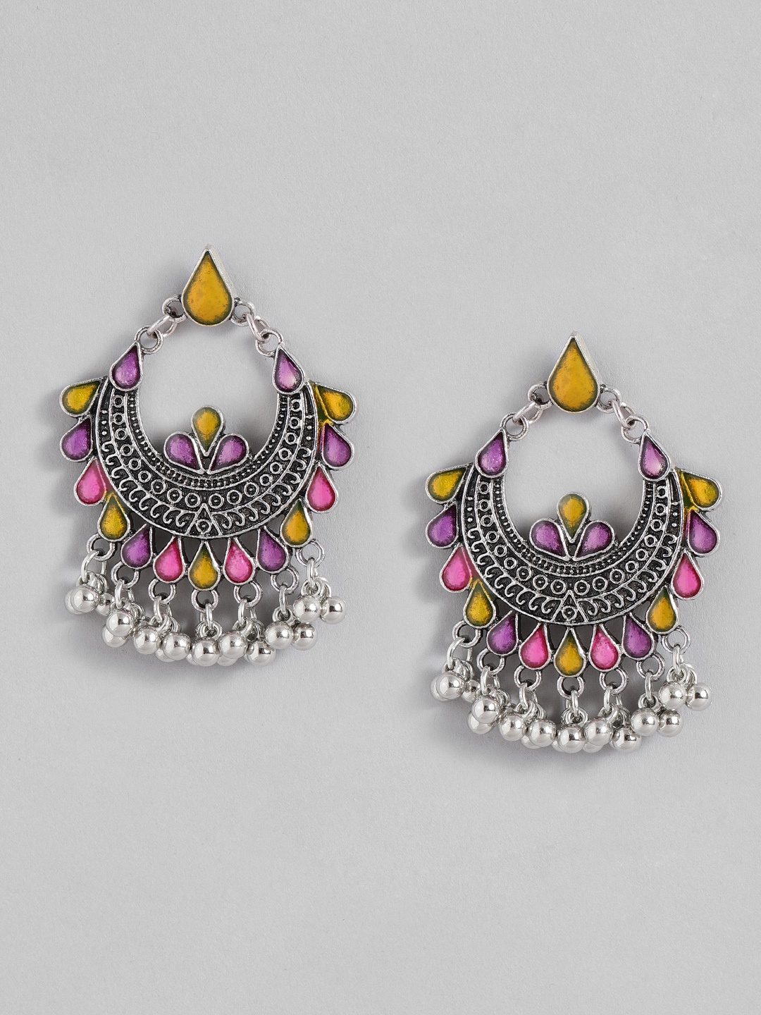 

Sangria Silver-Toned & Yellow Crescent Shaped Enamelled Chandbalis Earrings