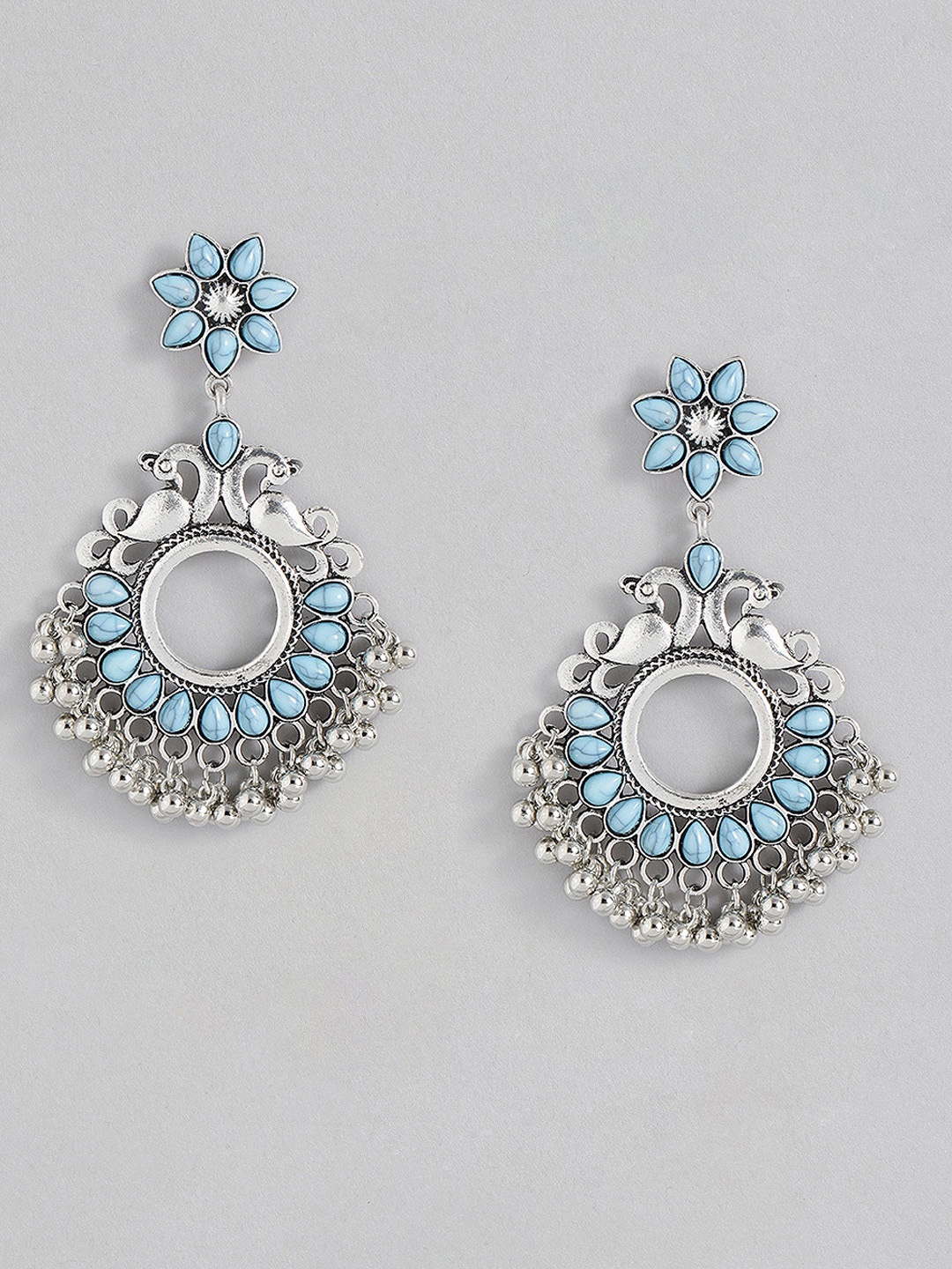 

Sangria Blue & Silver-Toned Peacock Shaped Drop Earrings