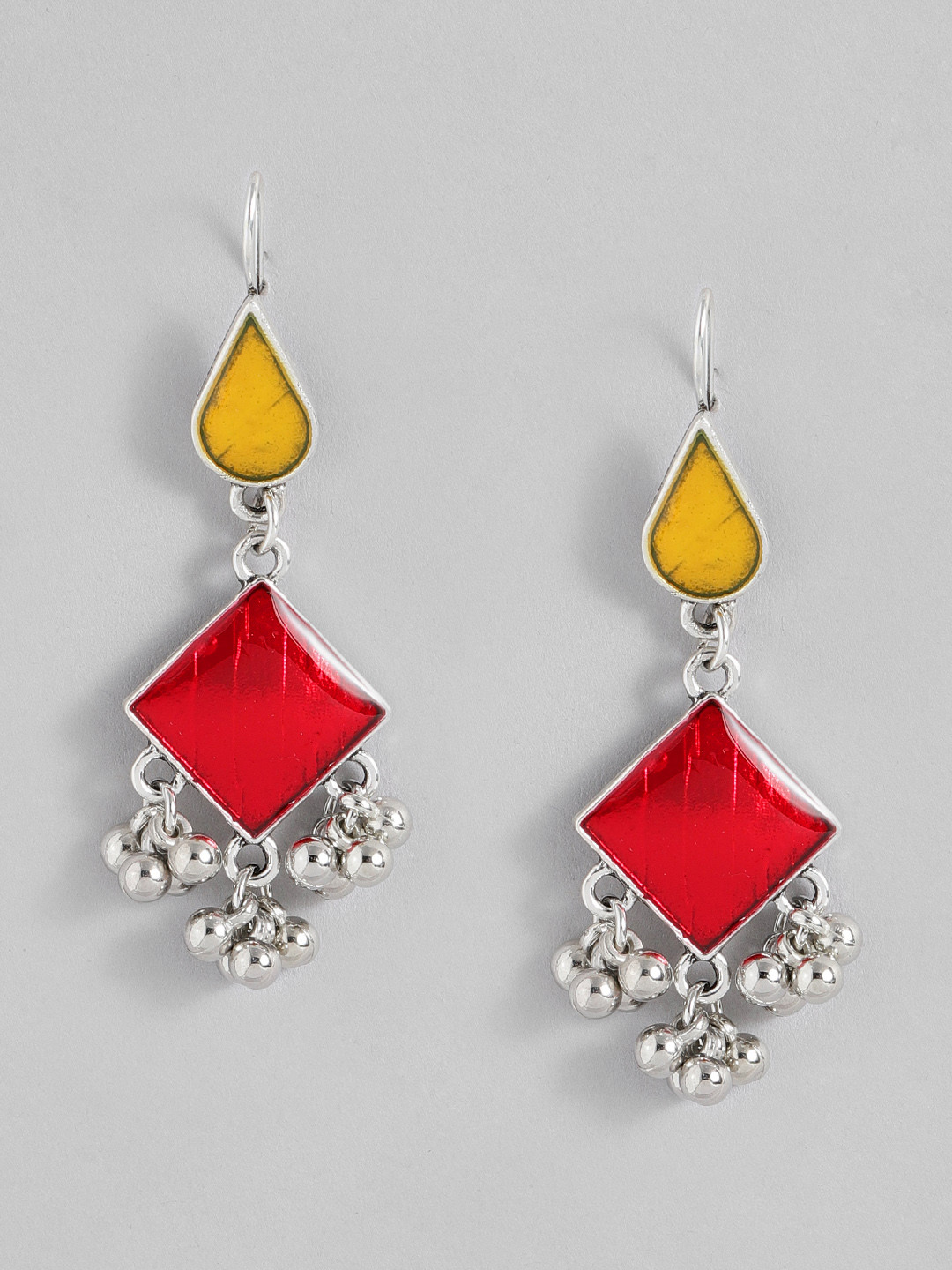

Sangria Silver-Toned & Red Enamelled Geometric Drop Earrings