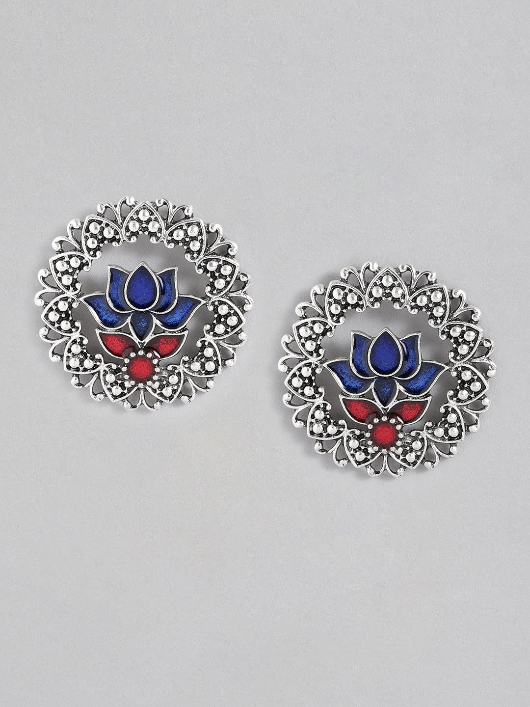 

Sangria Silver-Toned & Blue Floral Enamelled Studs Earrings