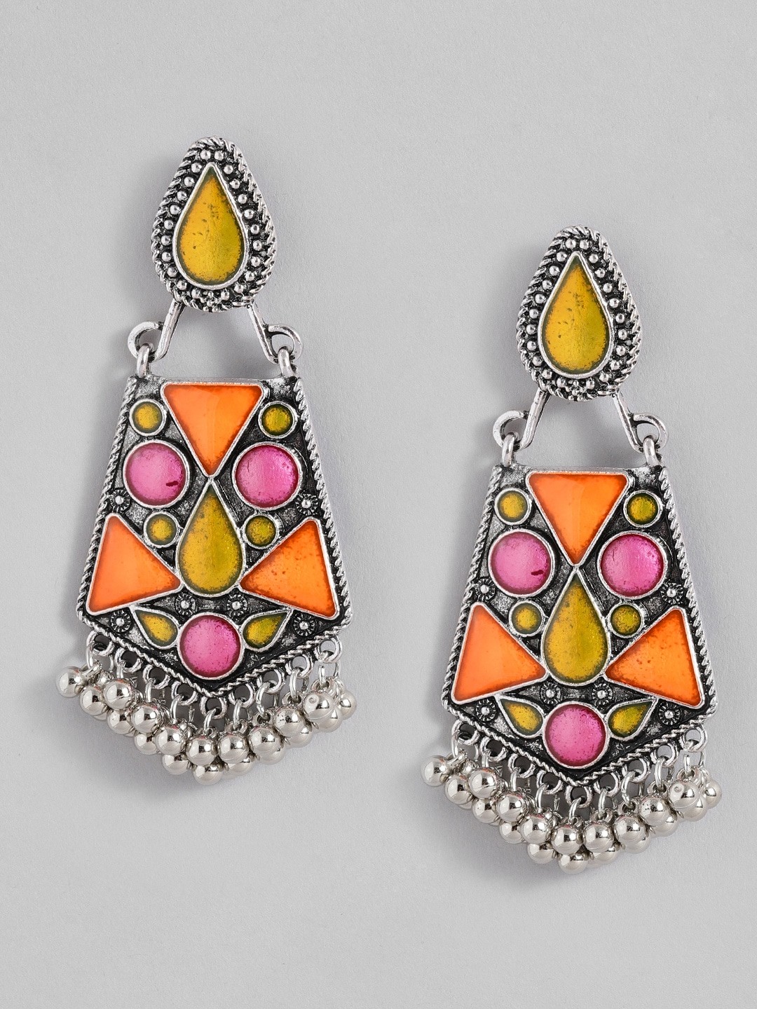 

Sangria Silver-Toned & Pink Geometric Enamelled Drop Earrings