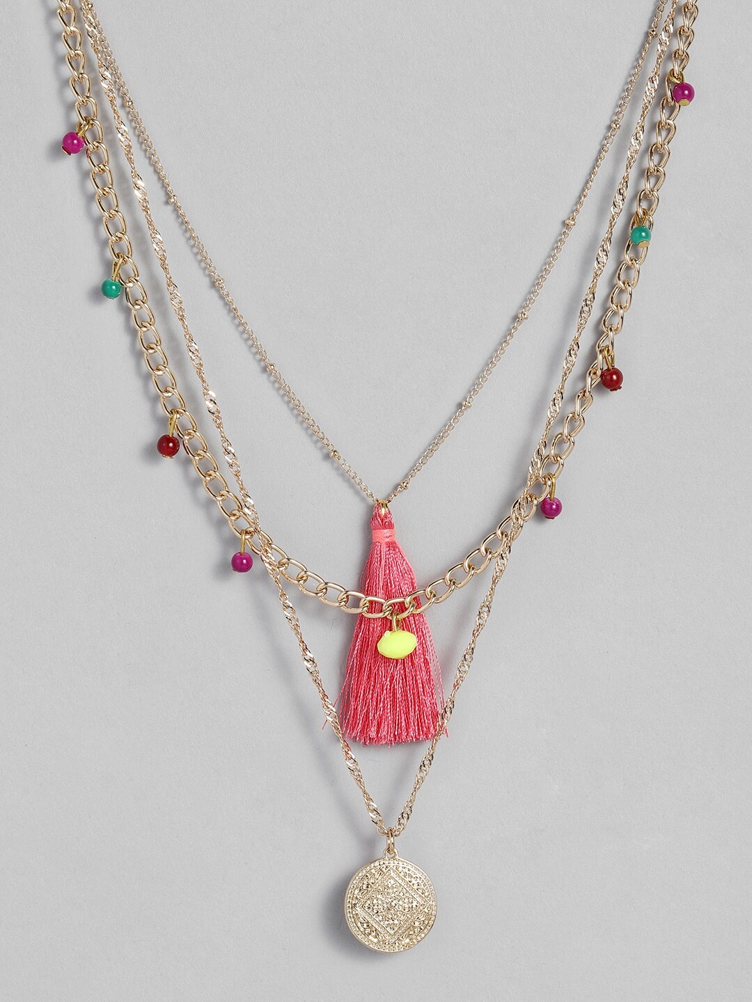 

Sangria Gold-Toned & Pink Beaded Tasseled Multi-Layered Necklace