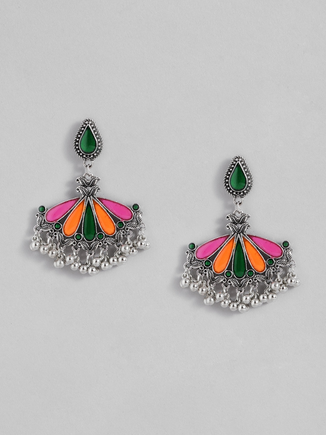 

Sangria Silver-Toned & Green Teardrop Shaped Enamelled Drop Earrings