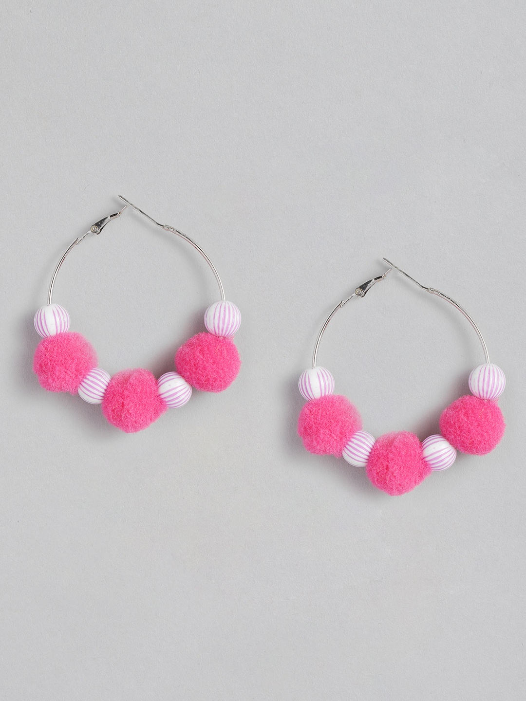 

Sangria Beaded Circular Design Pom Pom Hoop Earrings, Pink