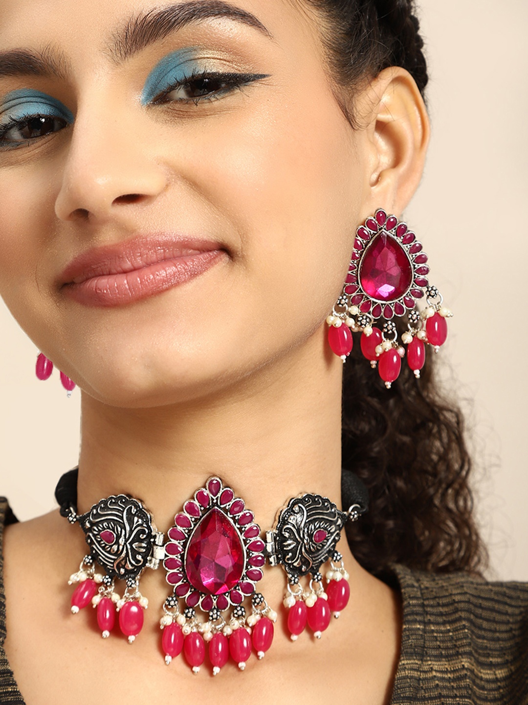 

Sangria Silver-Toned & Pink Enamelled Jewellery Set
