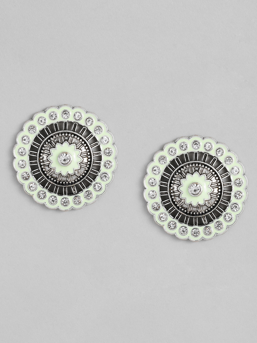 

Sangria Oxidised Silver-Toned & Light Green Enamelled Stone Studded Oversized Studs