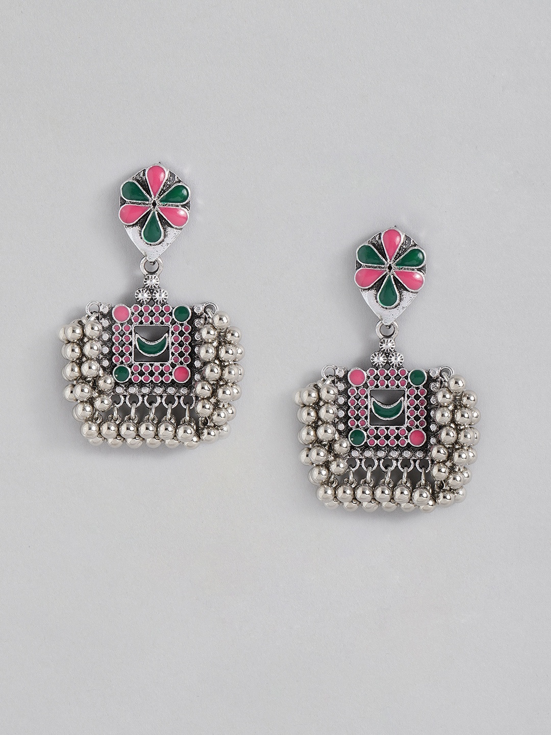 

Sangria Silver-Toned & Pink Enamelled Geometric Drop Earrings