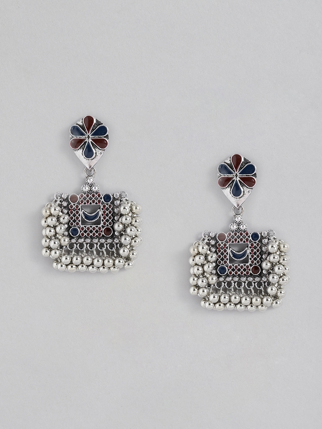 

Sangria Silver-Toned & Maroon Geometric Enamelled Drop Earrings
