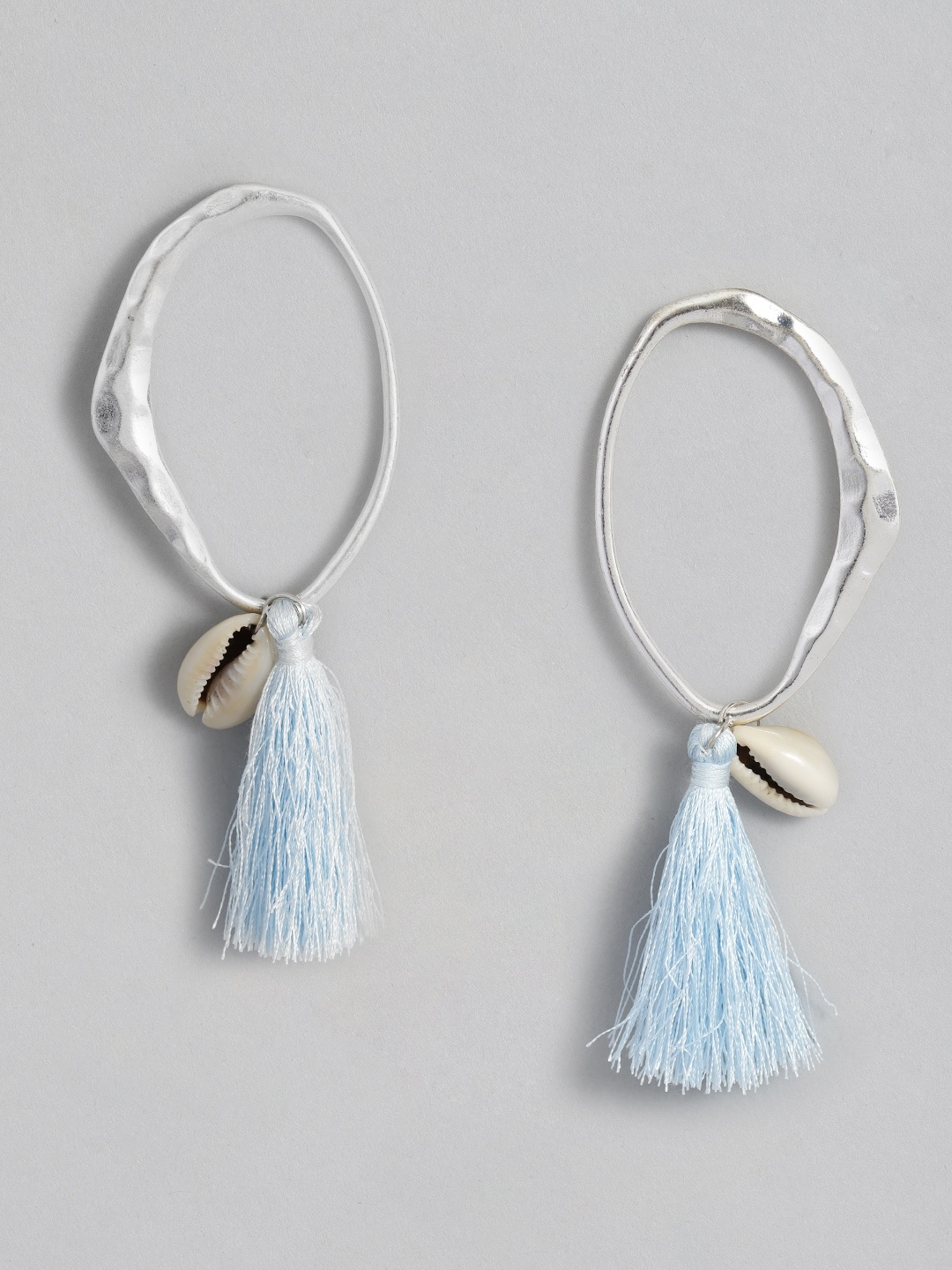 

Sangria Silver-Toned & Blue Sea Shell Tasseled Drop Earrings
