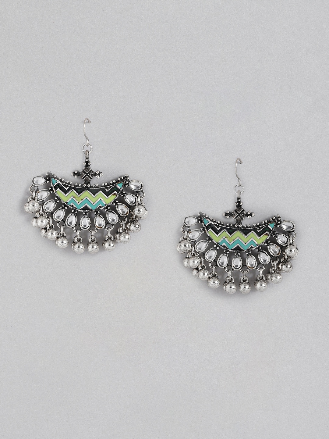 

Sangria Silver-Toned Green & White Crescent Shaped Enamelled Chandbalis Earrings