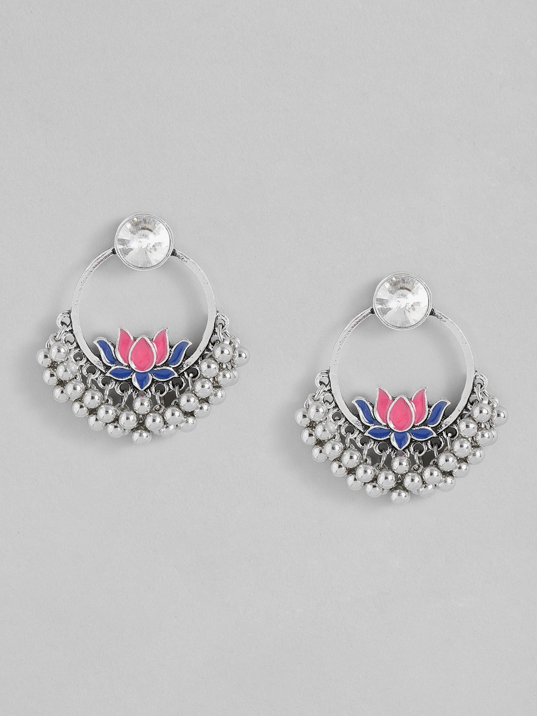 

Sangria Silver-Toned & Pink Enamelled Floral Drop Earrings