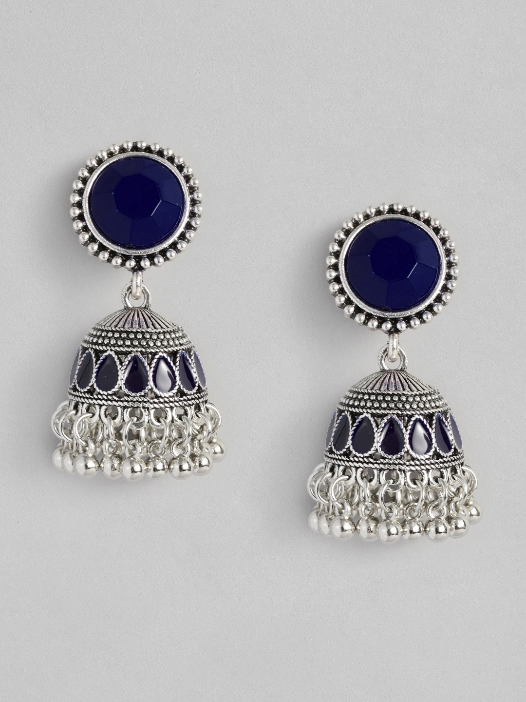 

Sangria Stone Studded Oxidised Dome Shaped Jhumkas, Navy blue