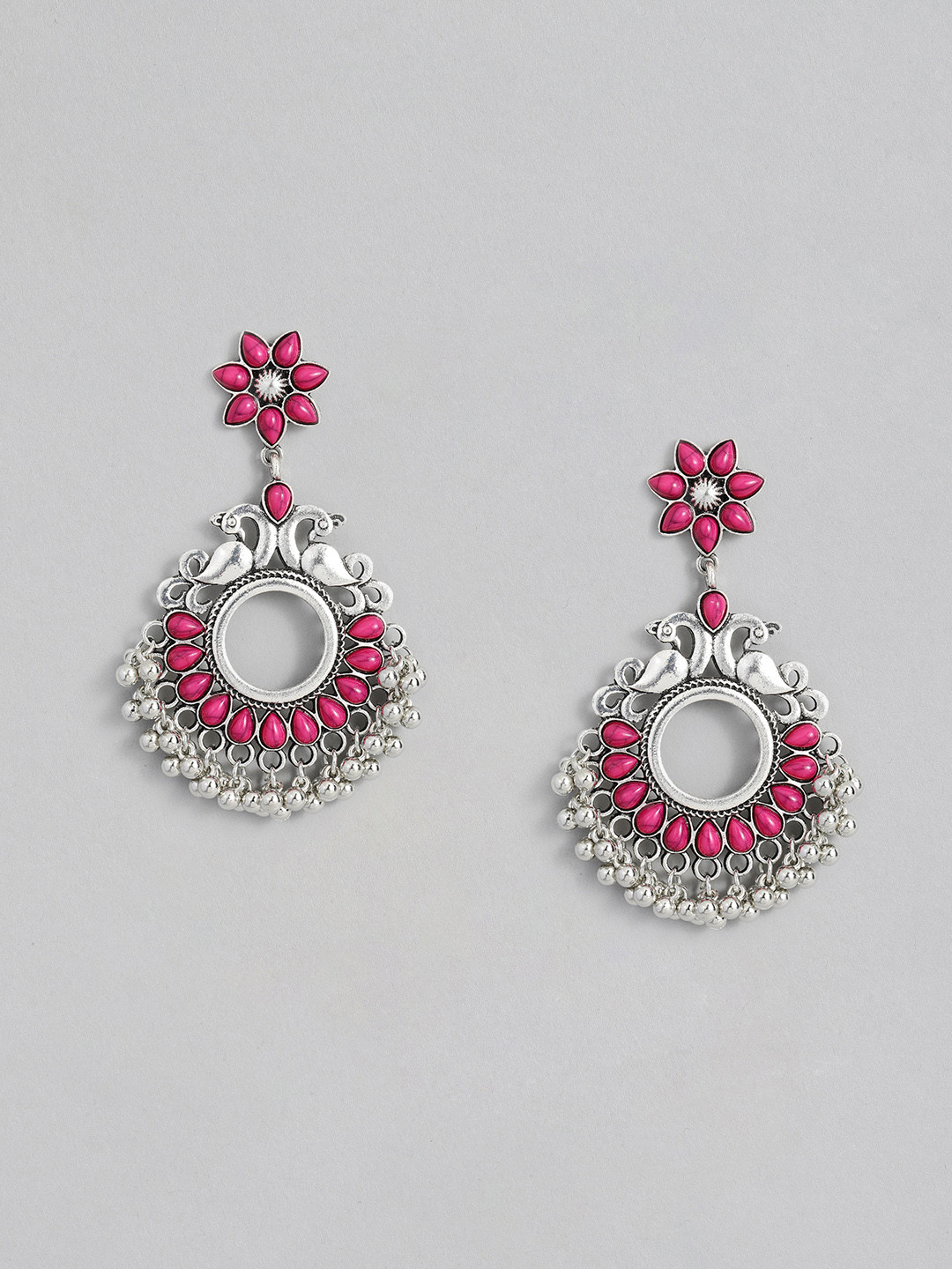 

Sangria Pink & Silver-Toned Peacock Shaped Drop Earrings