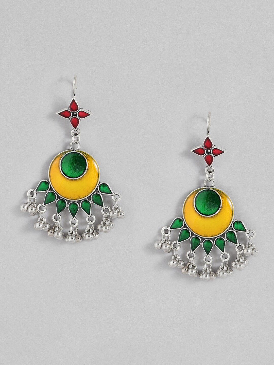 

Sangria Silver-Toned Yellow & Green Geometric Enamelled Drop Earrings