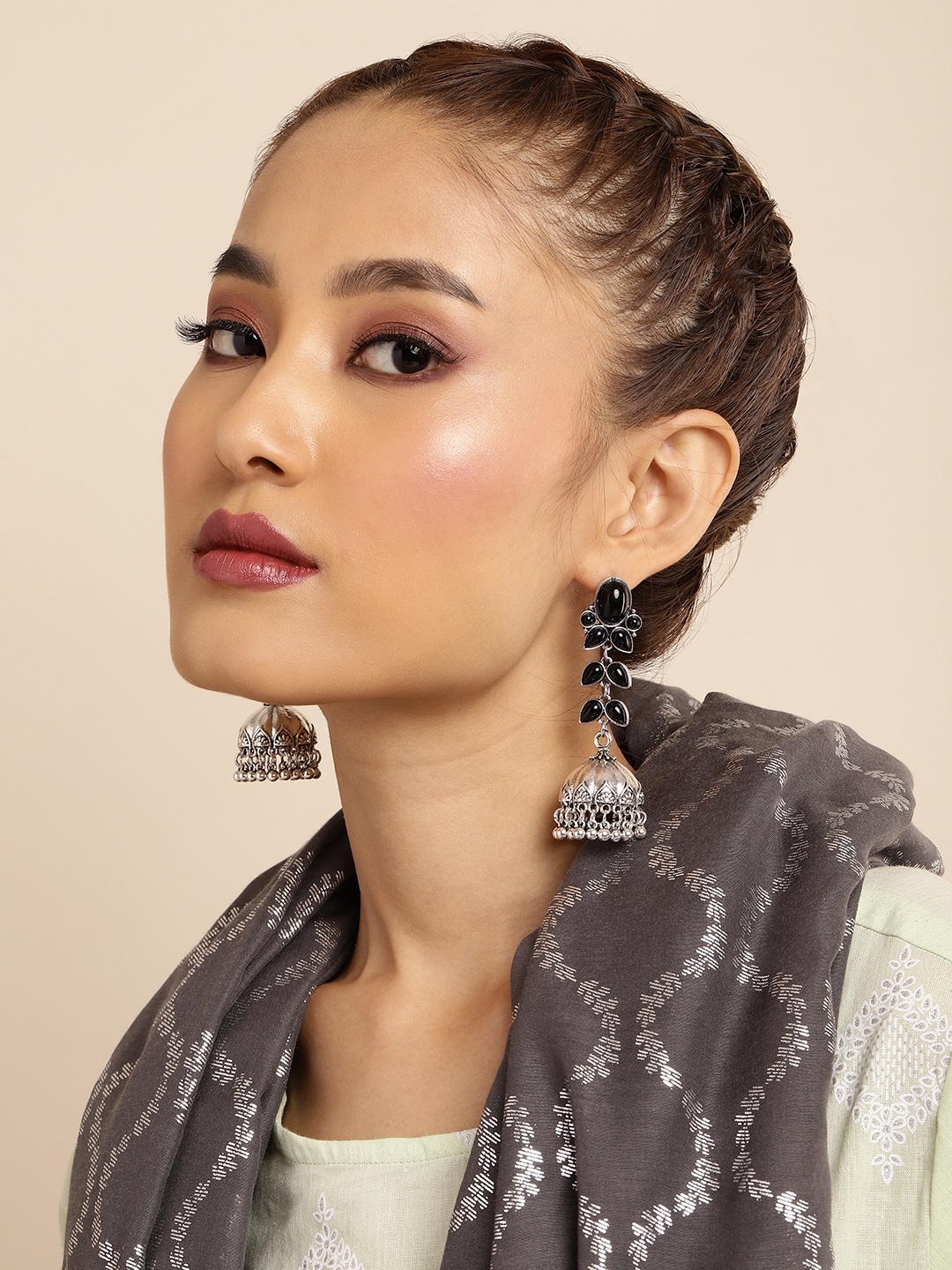 

Sangria Black & Silver-Toned Dome Shaped Jhumkas Earrings