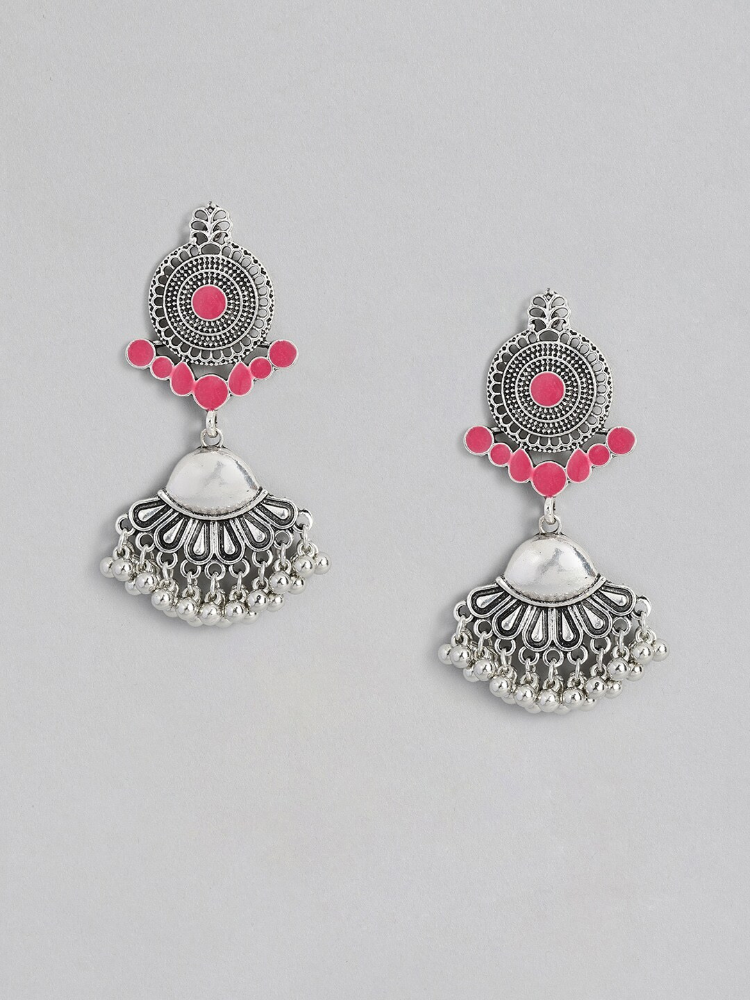 

Sangria Silver-Toned & Pink Geometric Enamelled Drop Earrings