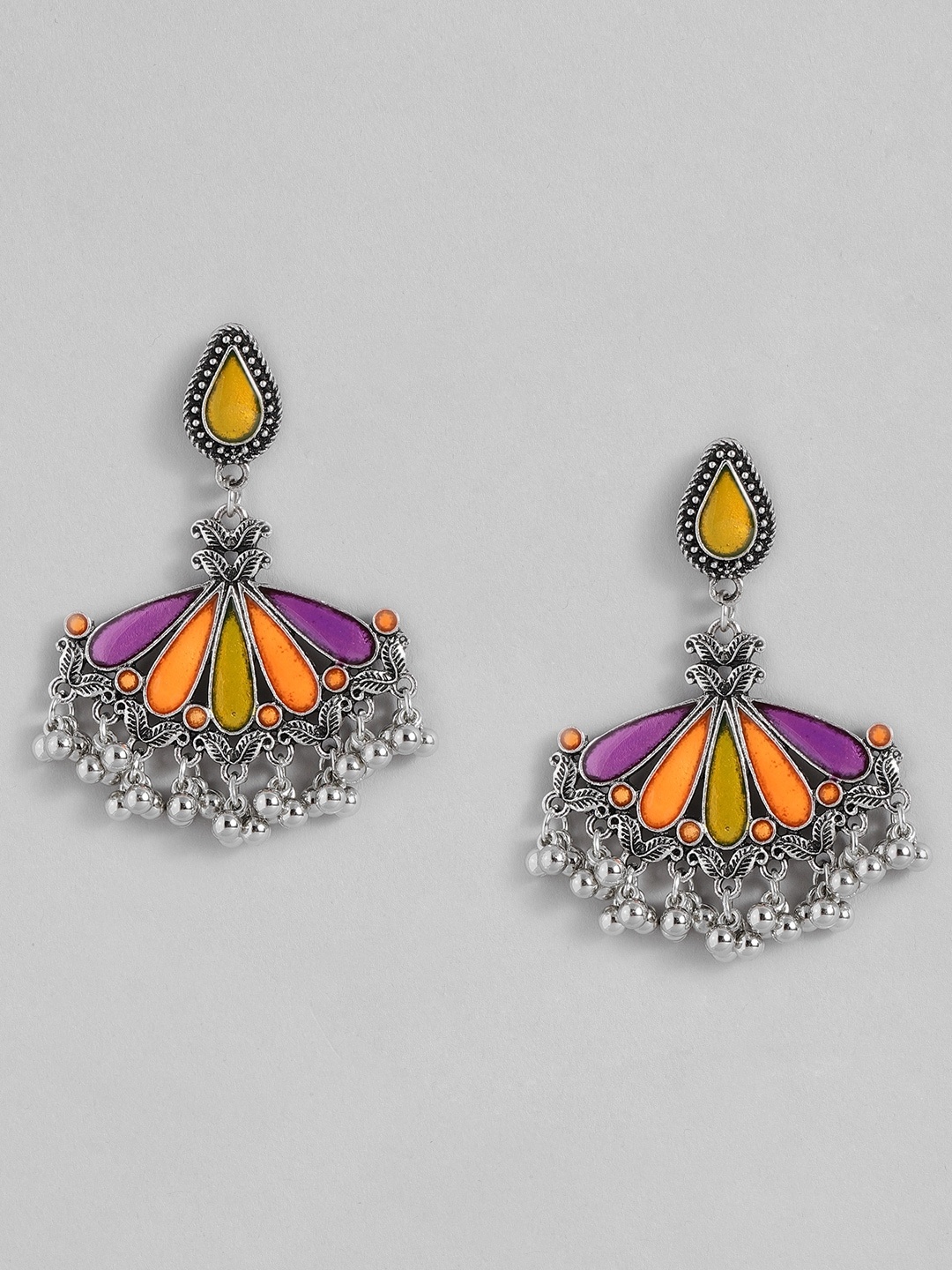 

Sangria Silver-Toned & Yellow Teardrop Shaped Enamelled Drop Earrings