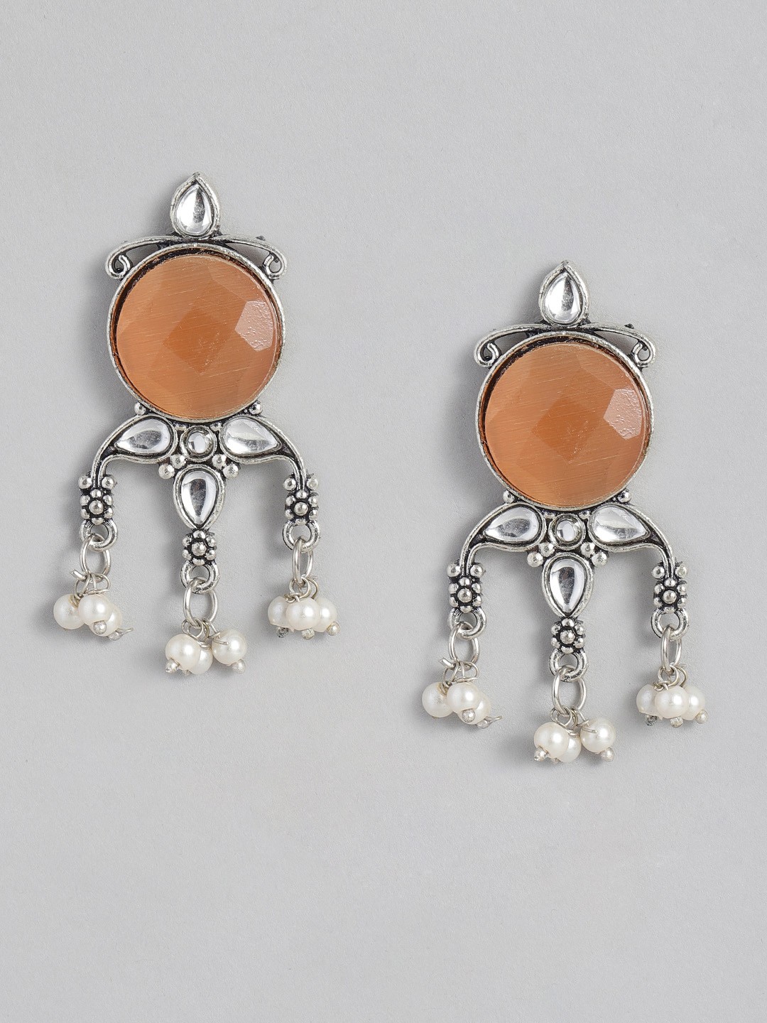 

Sangria Oxidised Geometric Design Stone Studded Drop Earrings, Silver