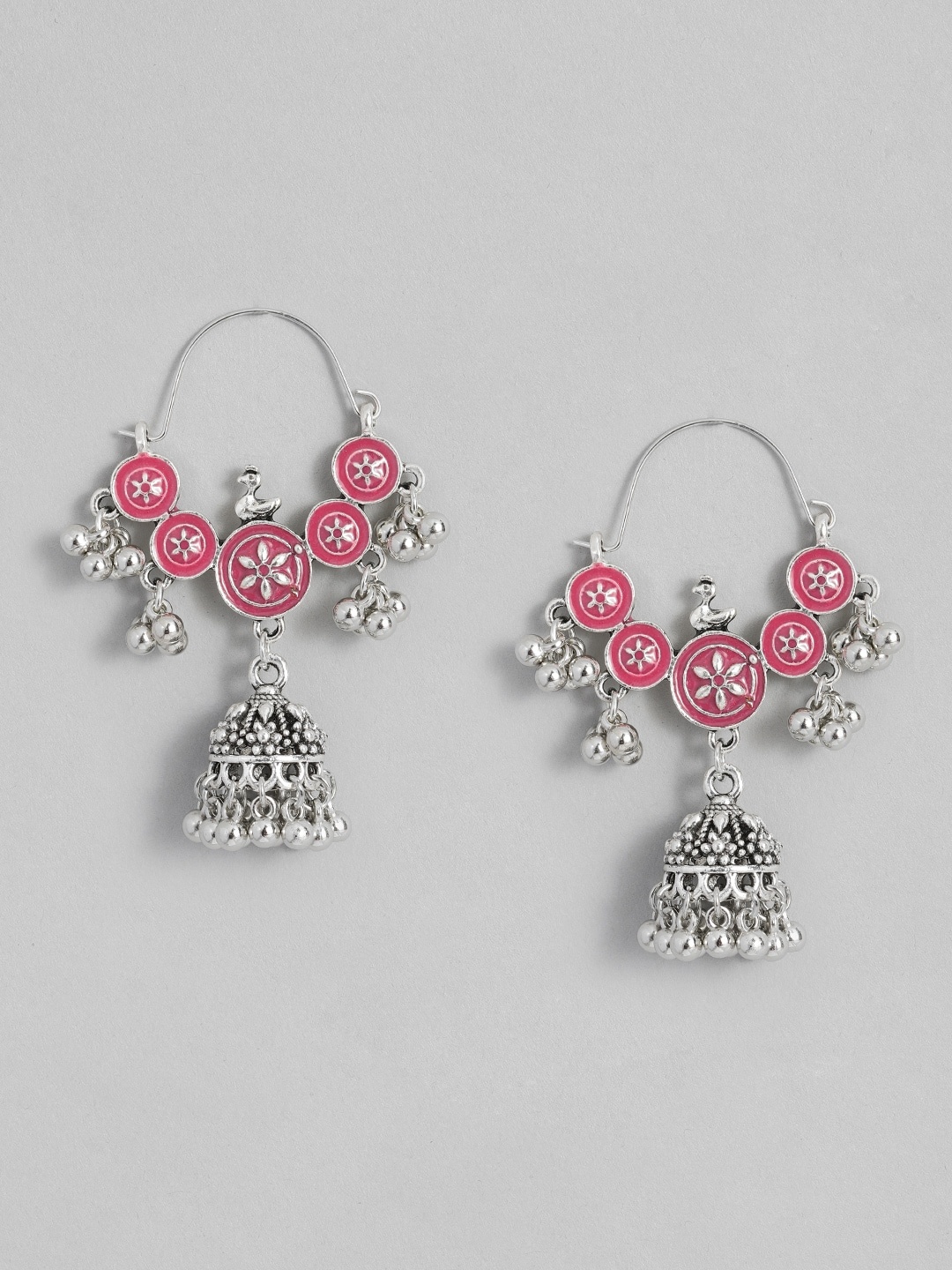 

Sangria Silver-Toned & Pink Dome Shaped Enamelled Jhumkas Earrings