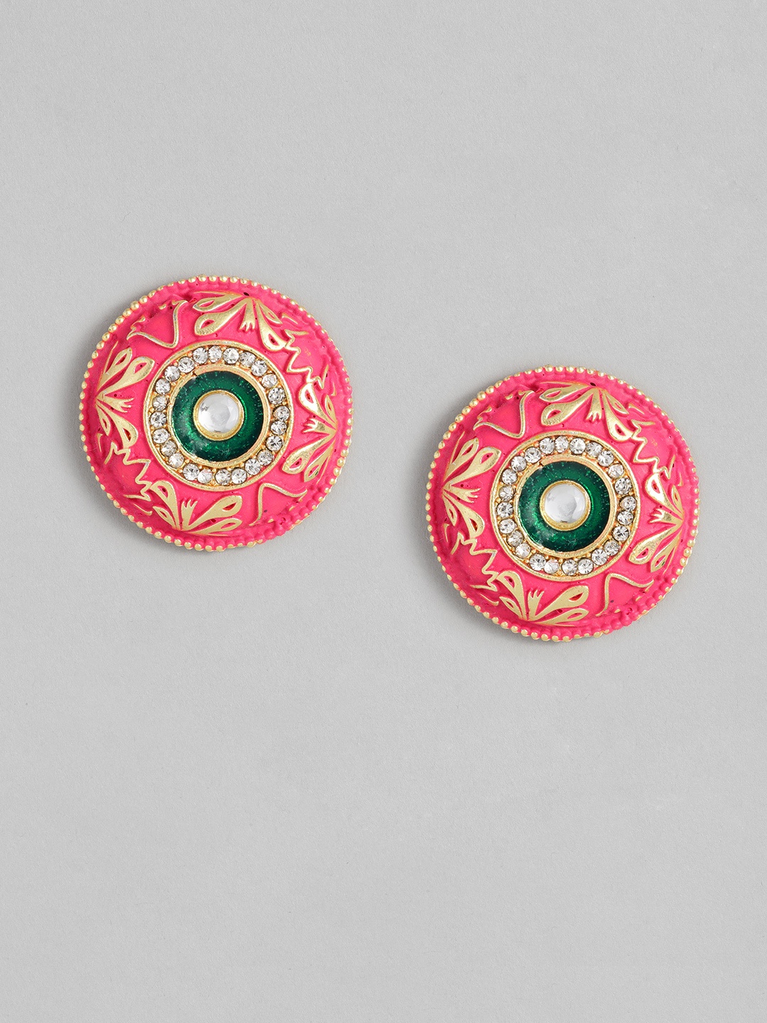 

Sangria Pink & Green Enamelled Stone Studded Oversized Studs