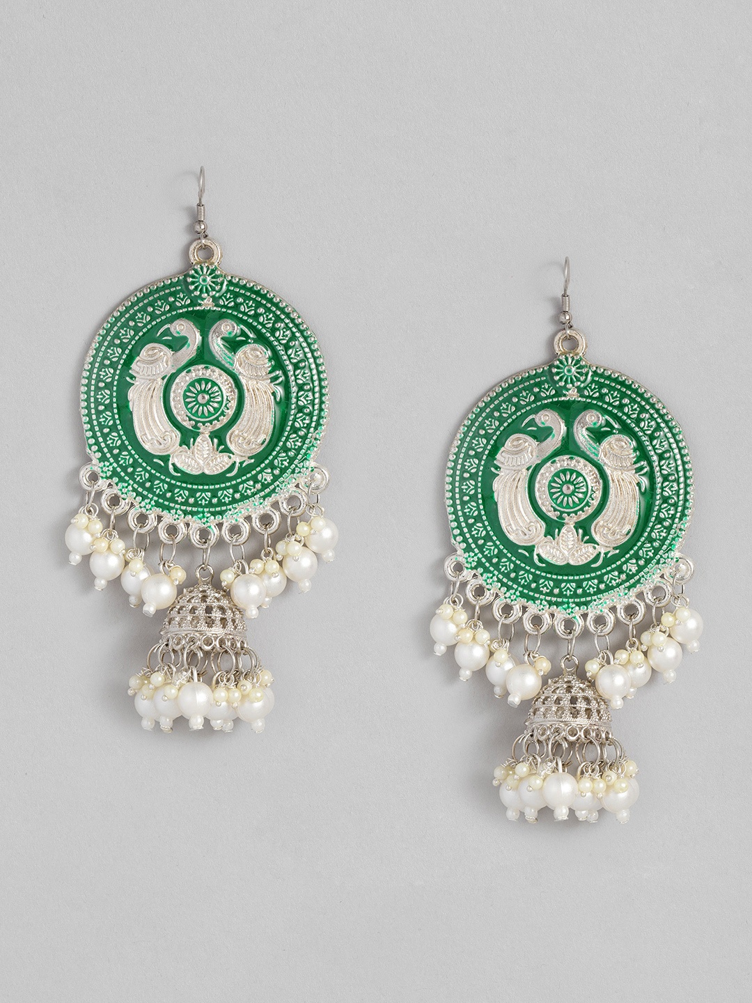 

Sangria Silver-Toned & Green Enamelled Circular Shape Beaded Jhumkas