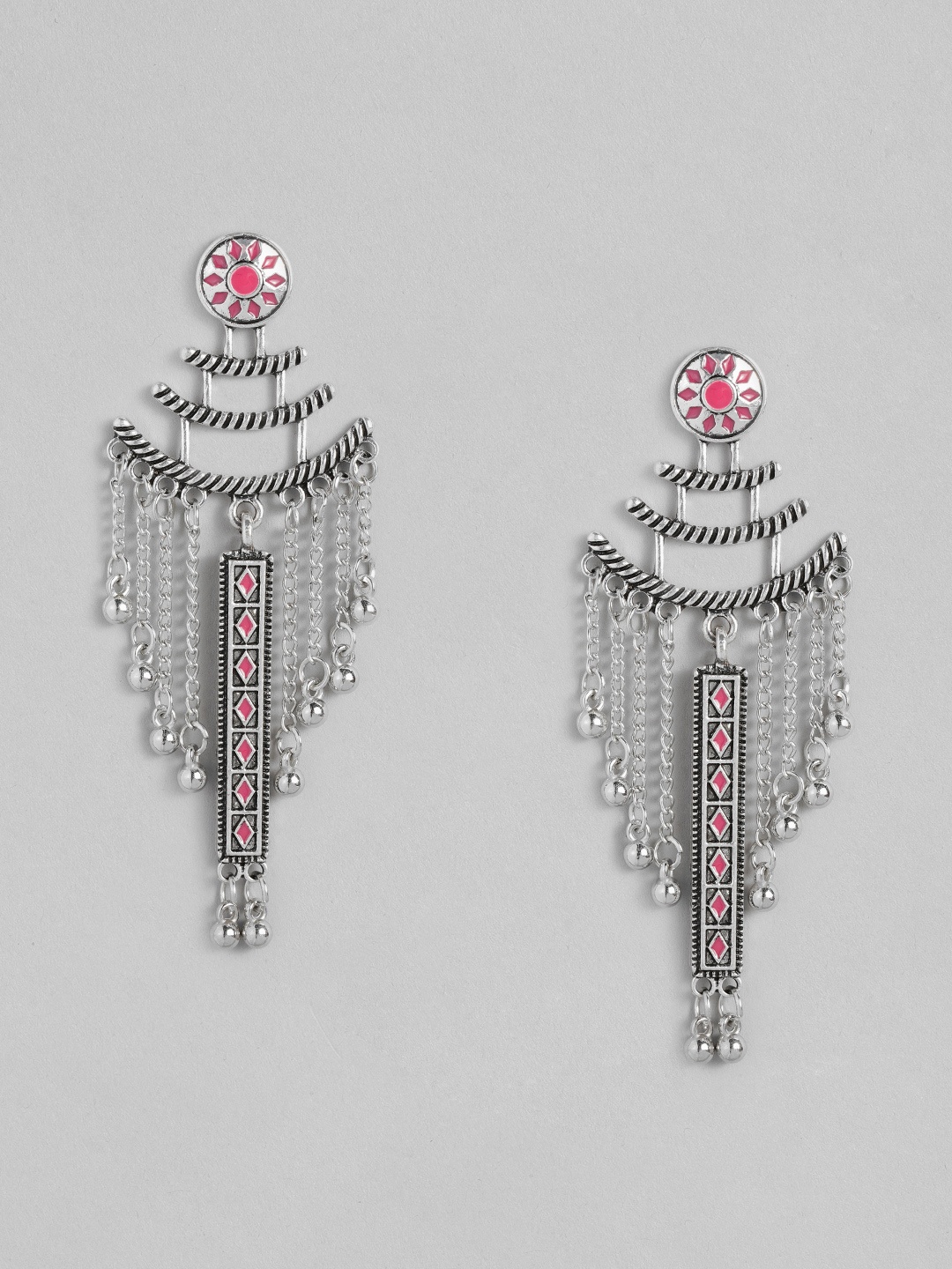 

Sangria Oxidised Silver-Toned & Pink Enamelled Geometric Shape Drop Earrings