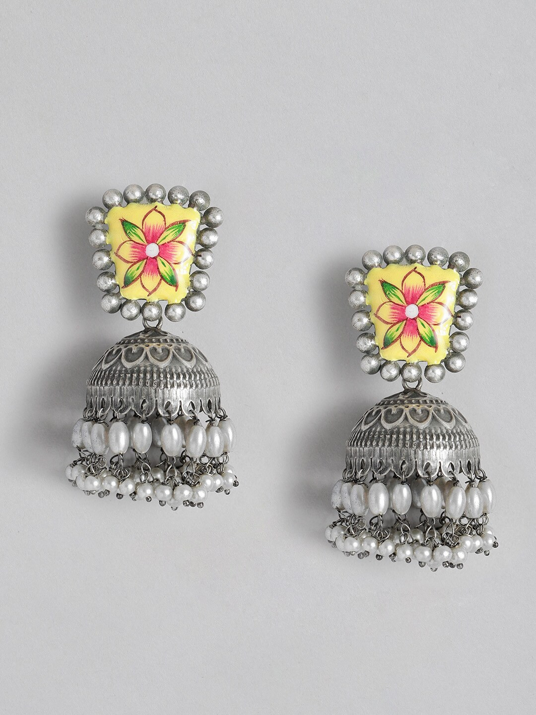

Sangria Oxidised Silver-Toned & Yellow Dome Shaped Jhumkas