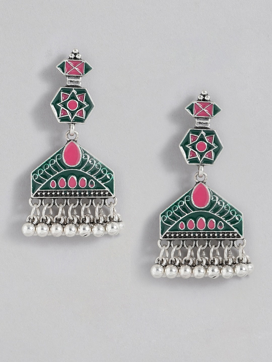 

Sangria Silver-Toned Green & Pink Enamelled Geometric Drop Earrings